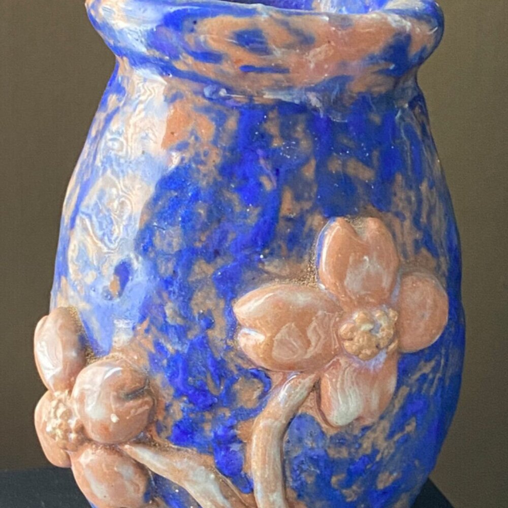 Vintage Marked Signed 77' Stutts Blue Raised Floral HandMade Thrown Pottery Vase